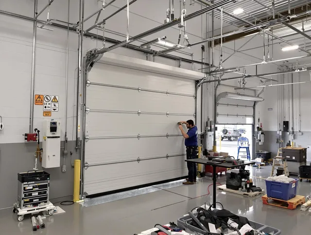 Commercial garage door repair being performed by Waterford Garage Door Repair expert in Waterford