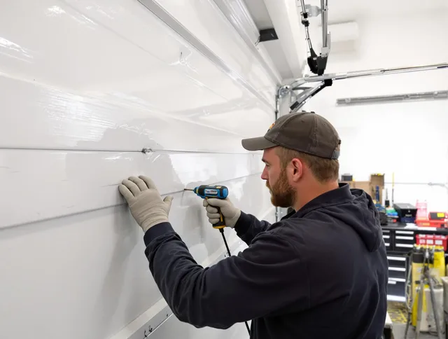 Waterford Garage Door Repair technician demonstrating precision dent removal techniques on a Waterford garage door