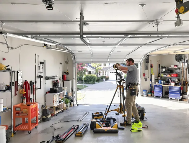 Waterford Garage Door Repair specialist performing laser-guided track alignment in Waterford